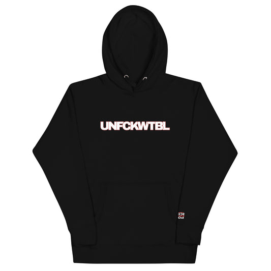 Black hoodie with the word "UNFCKWTBL" printed across the chest in bold letters, featuring a modern design that symbolizes resilience and strength